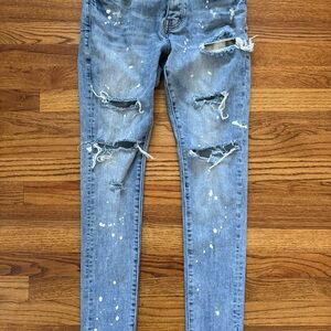 Purple Brand Jeans Men 30x32 Blue Paint Splatter Button Fly P001 Thrashed Skinny